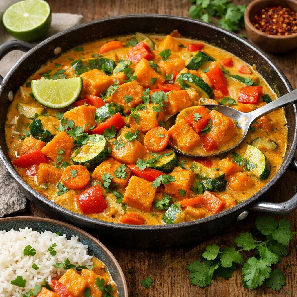 Une poêle de curry de légumes avec carottes, courgettes, patate douce et poivrons rouges dans une sauce crémeuse au lait de coco, agrémentée de coriandre et de citron vert, à côté d'un bol de riz blanc et d'herbes fraîches.