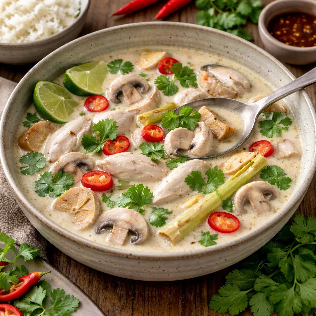 Un bol de soupe thaïlandaise à la noix de coco avec du poulet, des champignons, de la citronnelle, du citron vert, des tranches de piment rouge et de la coriandre, servi sur une table en bois avec du riz et des herbes fraîches.